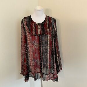 LOGO by Lori Goldstein Red and Black Patchwork Print Tunic Blouse